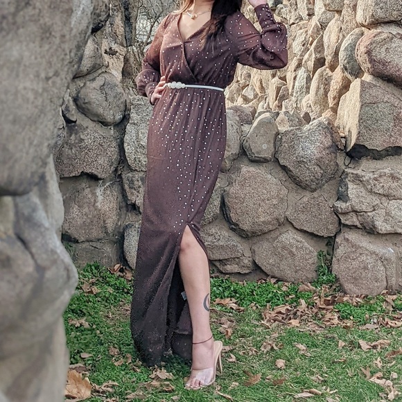 Brown Side Split Rhinestone V Neck Maxi Dress - Picture 1 of 4